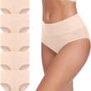 Coskefy Women's High Waisted Cotton Underwear Soft Breathable Panties Stretch Briefs Ladies Panties 5 Pack (Beige, XL)