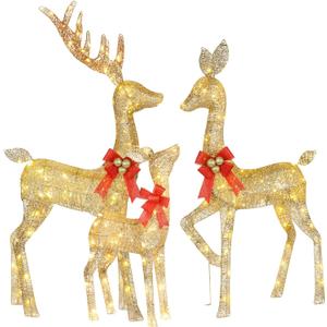 Lighted Christmas Decoration Deer 3 Piece, HOYECHI Light up Christmas Decor Reindeer Family Set for Indoor Outdoor Front Yard Porch with LED Lights, Plug, Ground Stakes - Gold