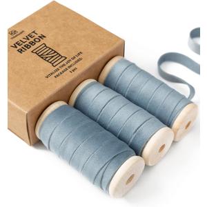 4 x Vitalizart Dusty Blue Velvet Ribbon Set 3/8" x 15 Yd Wooden Spool Fabric Trim 3 Rolls * 5 Yd for Christmas Wreath Decoration Handmade Craft Ornaments Gift Wrapping & Bow Making