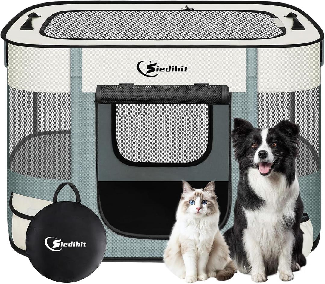 Dog Cat Playpen, Pet Puppy Portable Playpens for Outdoor Travel Crate, Indoor After Surgery Use, Foldable Dog Kennel Tent for Rabbit or Small Animals with Tent Stakes(Grey, Middle) (Medium)