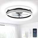 Low Profile Ceiling Fans with Lights and Remote, 21'' Modern Flush Mount Ceiling Fan, 2700K-7000K Dimmable Fandelier LED Fan Light, 6 Wind Speeds, Quiet Black Ceiling Fan with Light for Bedroom