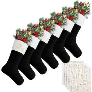 Tatuo 6 Pack Christmas Burlap Stockings Large 18" Xmas Stockings Christmas Hanging Decorations Tree Decor Xmas Party Supplies with 6 Sheet Letter Self Adhesive Vinyl Sticker (Black)
