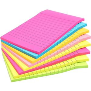 Paper Junkie Lined Sticky Notes in Bright Neon Colors, Self-Stick Memo Notepad 4 inch x 6 inch for Office & School - Pack of 8 Post Notes - Office Supplies