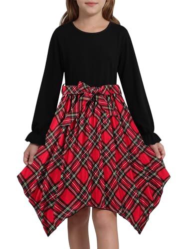 Adarl Christmas Dresses for Girls Plaid Maxi Dress with High-Low Layered Hem Long Sleeve Boho Swing Casual&Formal Occasions, 7-8Y