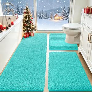 ACCUMTEK Upgrade Extra Large Teal Green Bathroom Rug Set 3 Pieces Ultra Soft, Thick Absorbent Bath Mats, Non Slip Chenille Toilet Mat for Bathroom, Bedroom, Kitchen, Turquoise