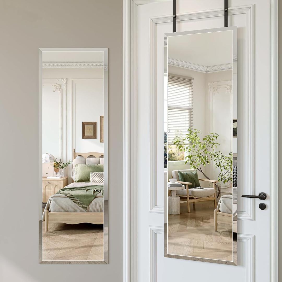 Frameless Door Mirror Full Length, 50 x 16 Inch Frameless Beveled Full Body Wall Mirror with 2 Hooks, Over the Door Hanging Mirror for Bedroom, Living Room, Cloakroom