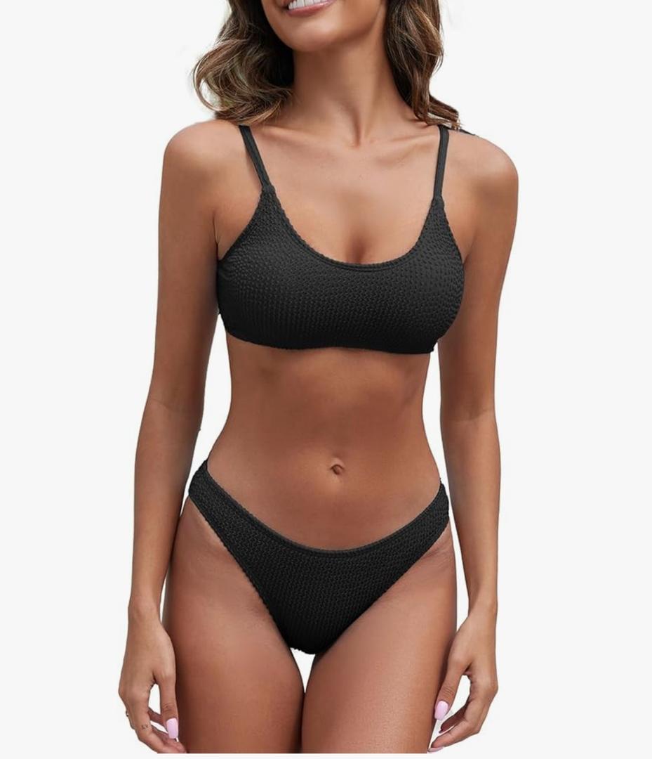 Fanuerg Women's Ribbed Bikini Sets Scoop Neck Cheeky Swimsuit Textured Two Piece Bathing Suit Small, Black 