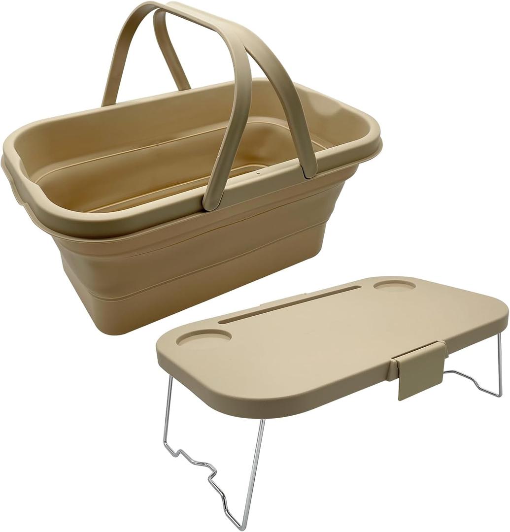 Foldable Picnic Basket Large Capacity Camping Folding Basket with Table Car Trunk Organizer Can be Used as Ice Bucket Suitable for Camping, car Storage, Home Sorting, etc. (Khaki)