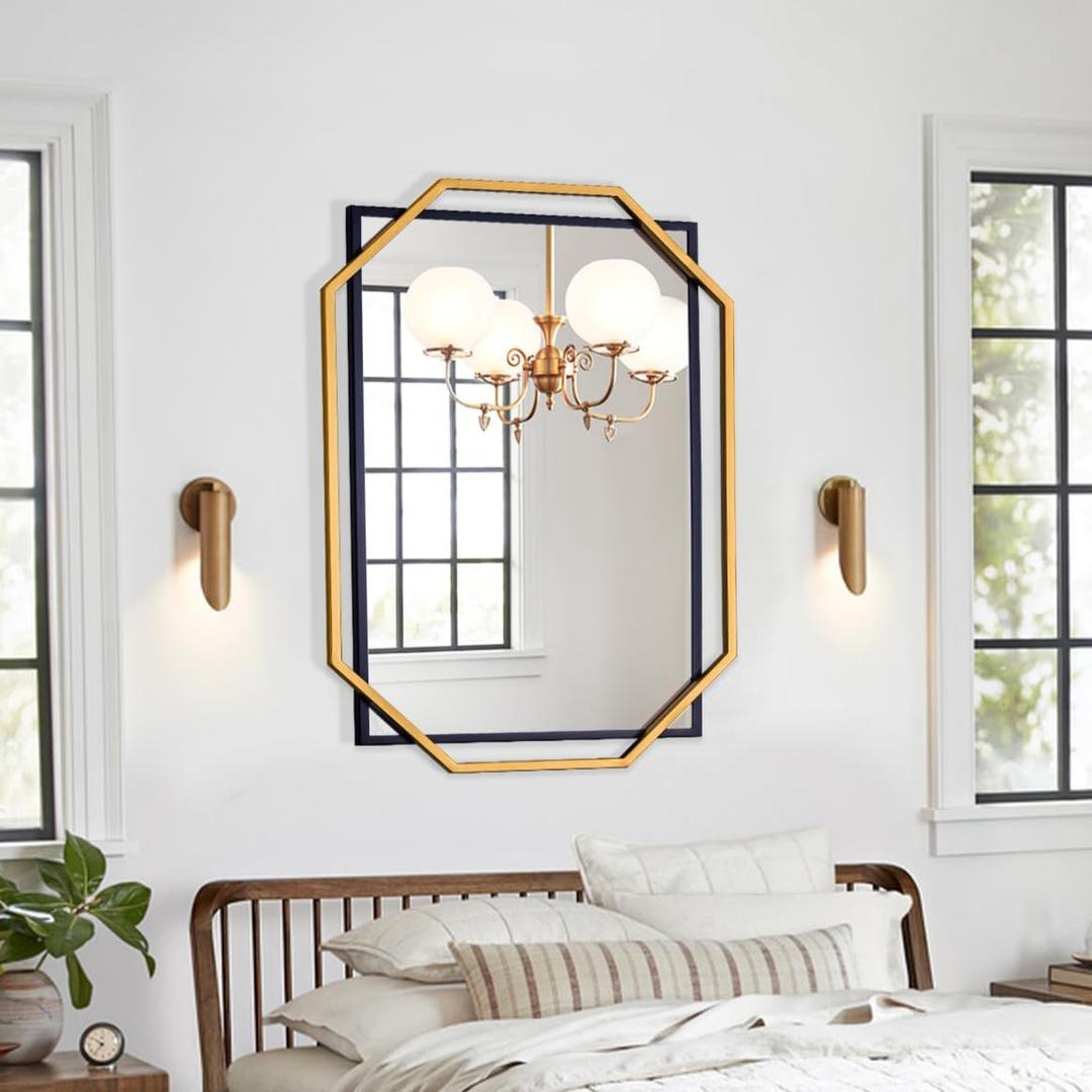 Bathroom Mirror, 40" x 28" Decorative Wall Mirror for Wall, Black and Gold Frame, Modern Metal Octagonal, for Living Room, Dining Room, Entryway