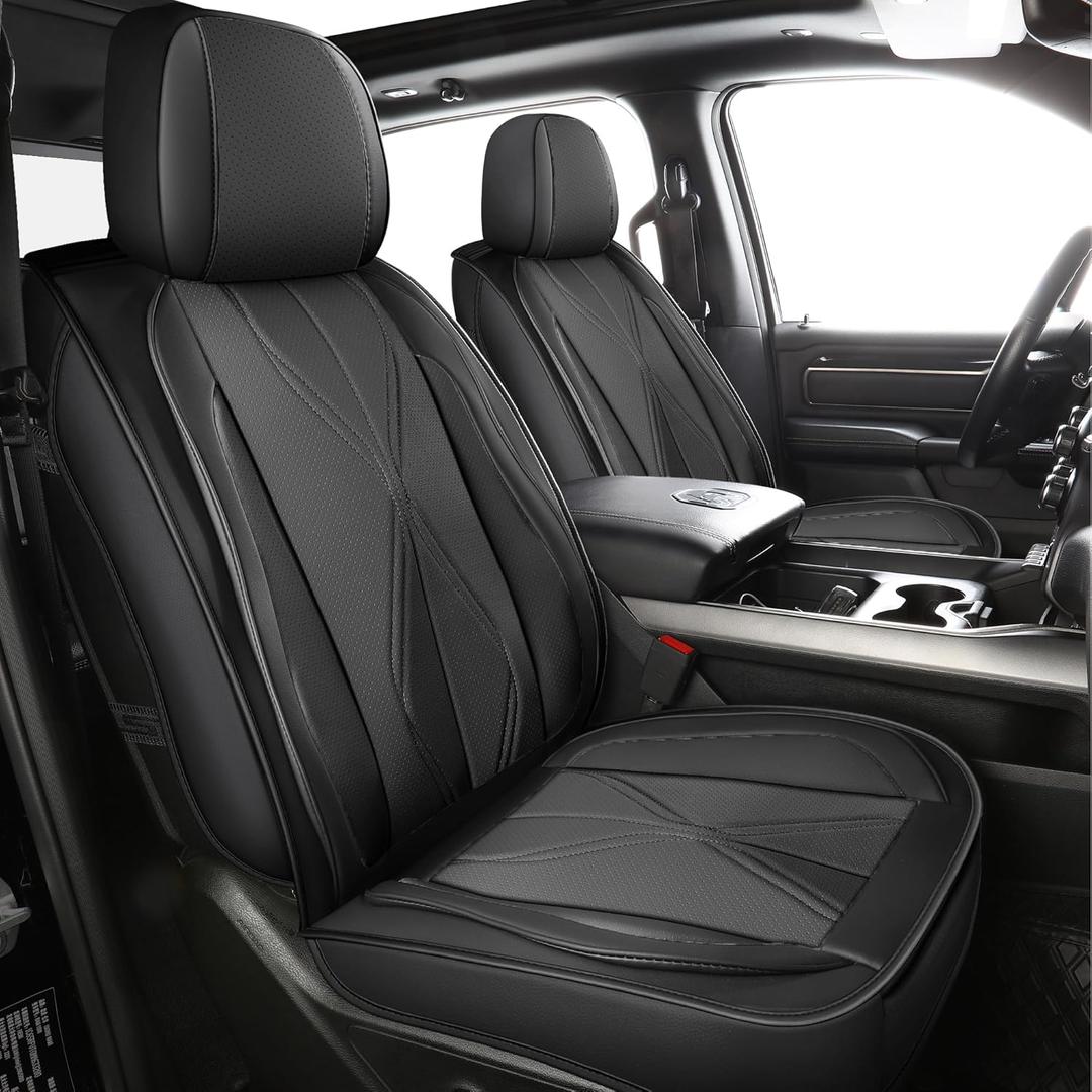 LINGVIDO Waterproof Faux Leather Seat Covers Compatible with 2009-2024 Dodge Ram 1500 2500 3500 Seat Cushion Protector Truck Pickup Crew Quad Cab with Split Bench 40/60(Black, Full Set Curved Back)