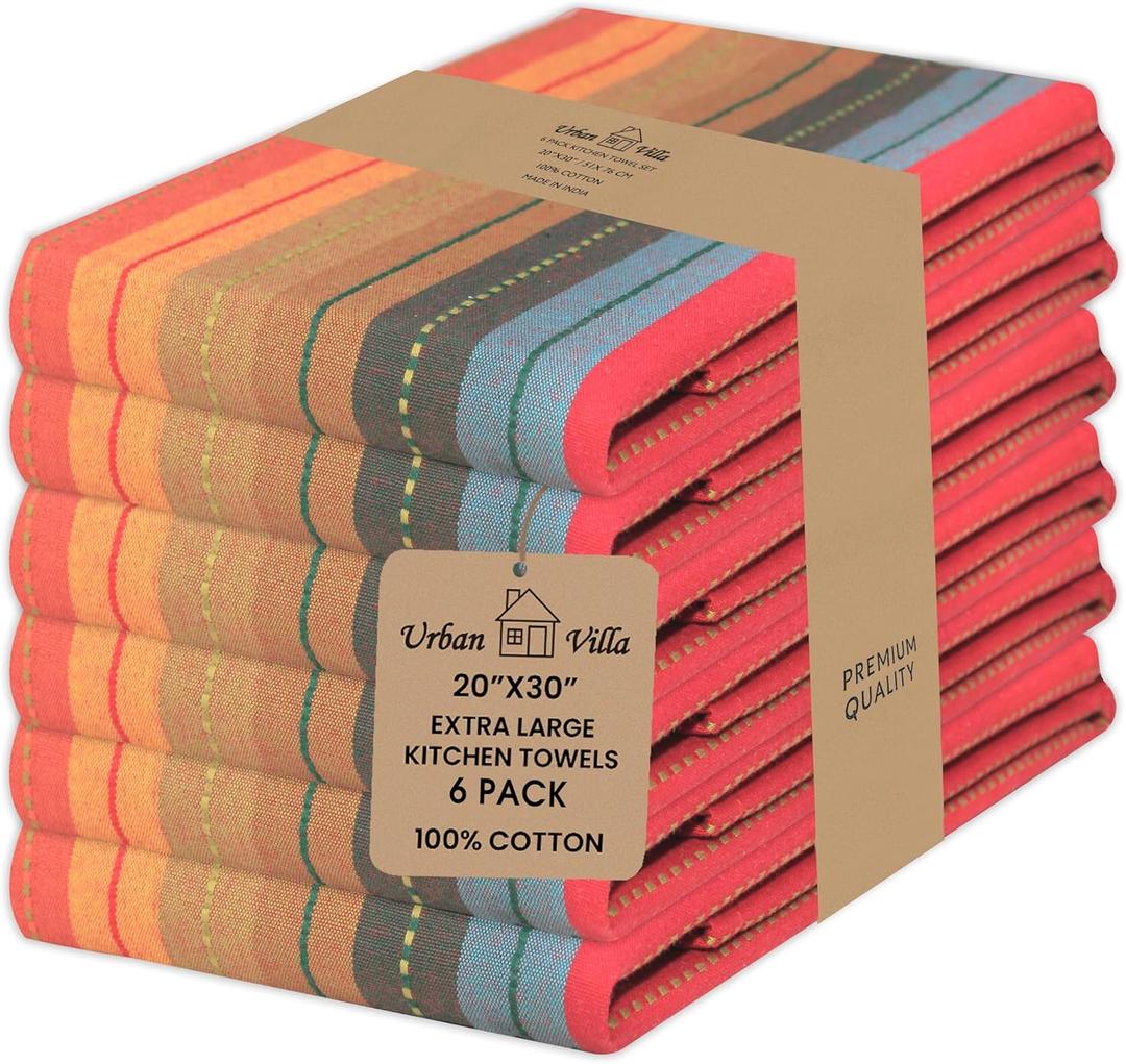 Urban Villa Kitchen Towels 100% Cotton Dish Towels for Kitchen (Set of 6) 20"x30" Highly Absorbent Kitchen Linen Set with Hanging Loop Dish Cloths Perfect for Drying Dishes Cleaning Towels - Red Multi