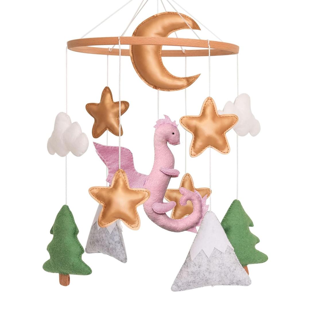 Dragon Baby Mobile, Forest Mobile for Crib, Pink Crib Mobile Girls, Nursery Mobile for Bassinet, Pack and Play, Moon, Pink Dragon, Cloud, Star, Mountain, Tree