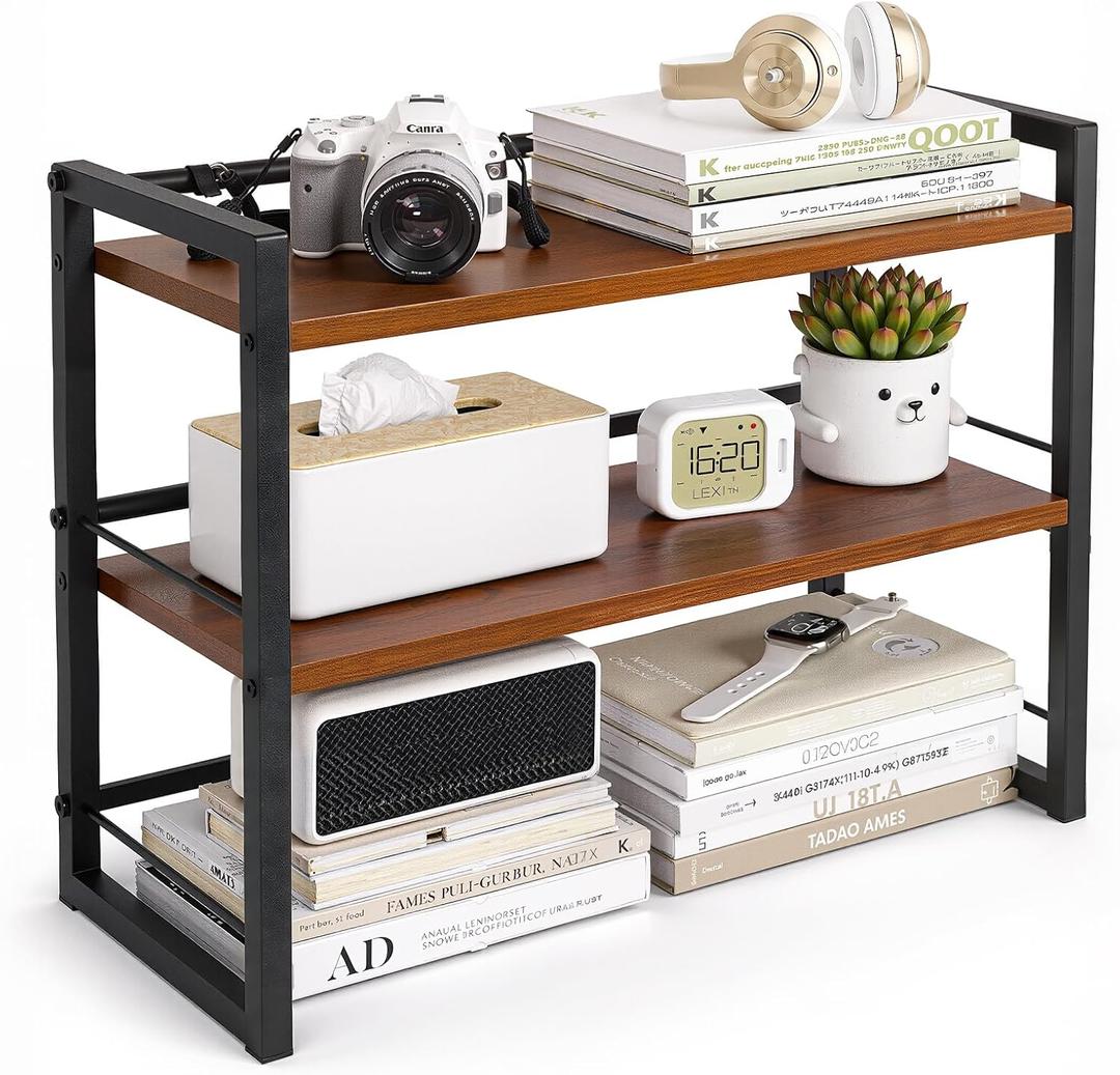 Wooden Desk Shelf Organizer - 2 Tier Desktop Bookshelf Storage Rack, Brown, 17.5"L x 8.46"W x 3.15"H