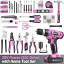 FADAKWALT 20V Cordless Drill Set with Battery, Charger & Carrying Bag, 30N Torque Power Drill/Driver Kit, 21+1 Clutch Settings, 3/8" Keyless Chuck, LED Light, Driver Bits(Pink)