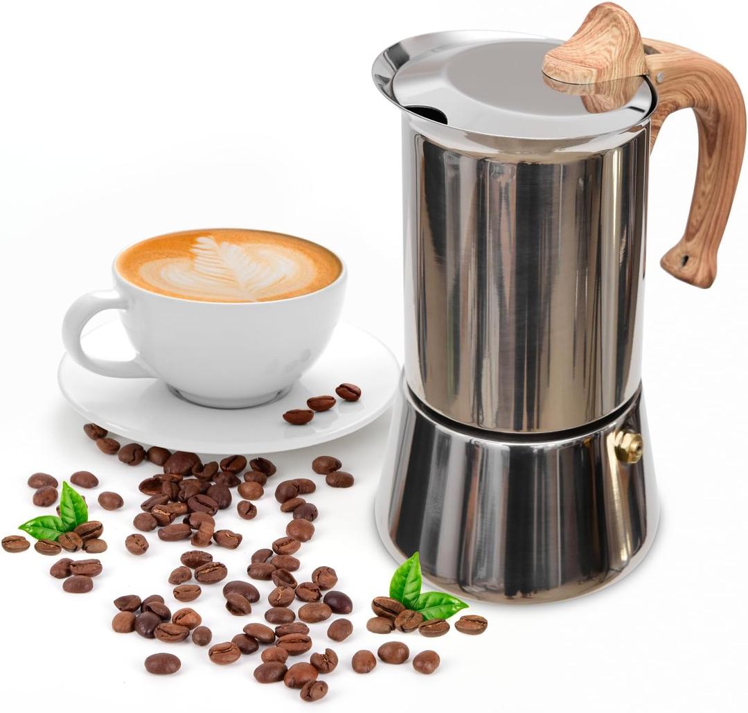 Induction Moka Pot, Stainless Steel, Stovetop Espresso Coffee Maker, 4 Cup/200ml/7.0oz, Easy to Use and Clean, Camping Home Use | for Mocha Cappuccinos, Lattes (Silver)