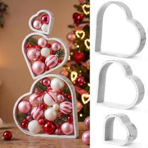 3 Pcs Large Rustic Farmhouse Wooden Heart Decorations, 12"/8"/4" Distressed Wood Heart Wall Table Centerpieces Freestanding Tiered Hearts Frames for Wedding Anniversary Decor(White)