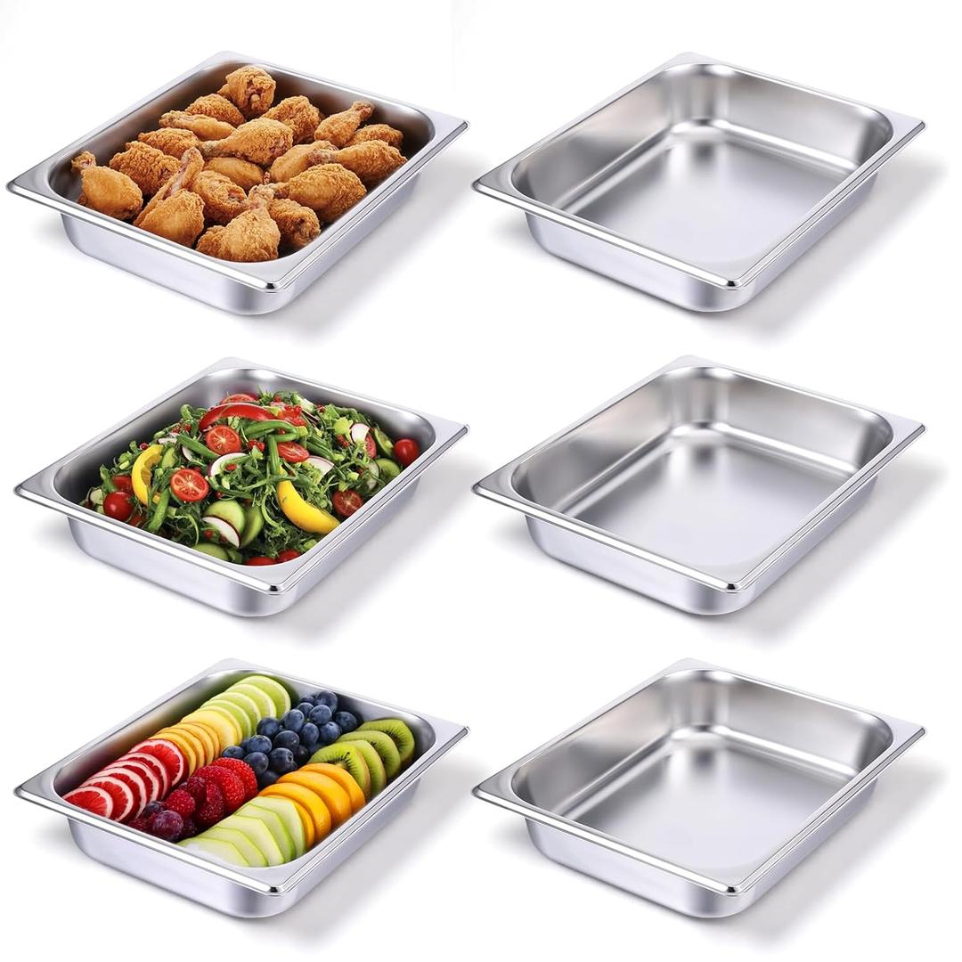 6 Pack Half Size Hotel Pans,1/2 Size 2.5 Inch Deep Stainless Steel Steam Table Pans Half Pans for Chafing Dishes, Breading Trays for Hotel Chafing Dishes Buffet Hotel Party