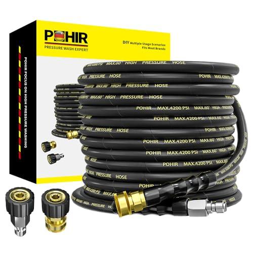 POHIR Pressure Washer Hose 50 ft with 3/8 Inch Quick Connect, Kink Resistant High Tensile Wire Braided,with 2 pcs M22 14mm Adapter Set, 4200 PSI Power Washer Hose