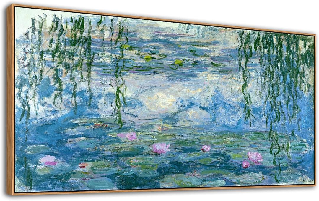 Water Lilies Framed Wall Art - Claude Monet Floral Painting Masterpiece Reproduction Abstract Canvas Pictures Prints Artworks Large Wall Art Decor Aesthetic for Bedroom Bathroom House Office 20" X 40"
