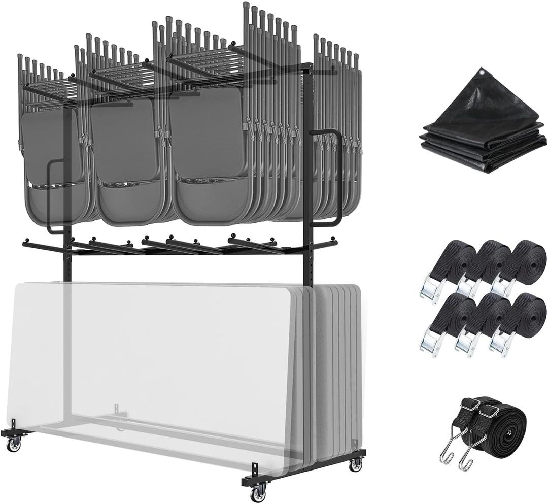 Folding Table And Chair Cart,Two Tier Folding Chair And Table Storage Rack With 800LBS Capacity For 84 Folding Chairs Heavy Metal Folding Chair Holder Rack with Rubber Locking Wheels,Straps and Cover