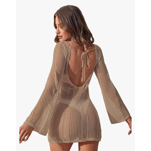 Floerns Women's Crochet Cover Up Long Sleeve Hollow Out Bikini Swimsuit Beach Cover Up Swimwear ,Large