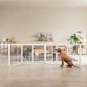 JSB 192-inch Extra Wide 30-inch Tall Dog gate with Door Walk Through,Full Matel Freestanding Round Tube Pet Gate for Halls Stairs, Puppy Safety Dog Fence with 4PCS Support Feet (White)