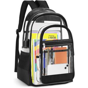 Clear Backpack, Heavy Duty PVC Transparent Backpack with Reinforced Straps, See Through Multiple Pockets Large Capacity Bookbag for Concert Work Security Travel Festival (Black) (Medium)