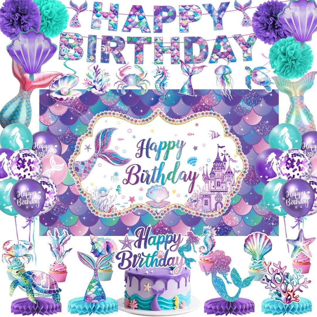 Mermaid Birthday Decorations Includes Banner, Backdrop, Foil & Latex Balloons, Paper Pompoms, Hanging Swirls, Cake & Cupcake Toppers, Honeycomb Centerpieces for Kids Girls Mermaid Party Decorations
