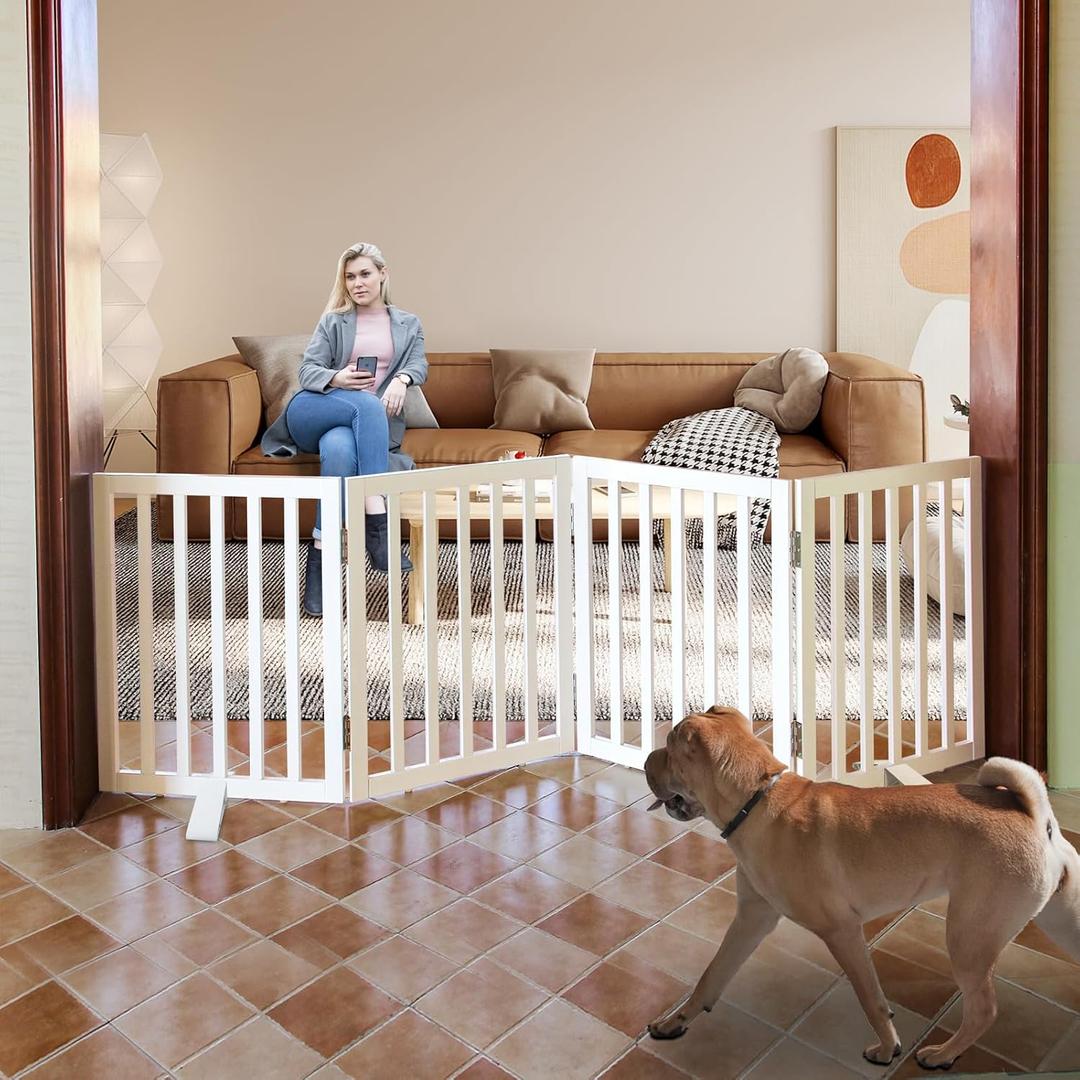 Dog Gate Indoor, Freestanding Dog Fence for The House, Doorways, Hallways,or Stairs,Pet Gate Foldable Wooden,Expandable 24" Height 4 Panels,White