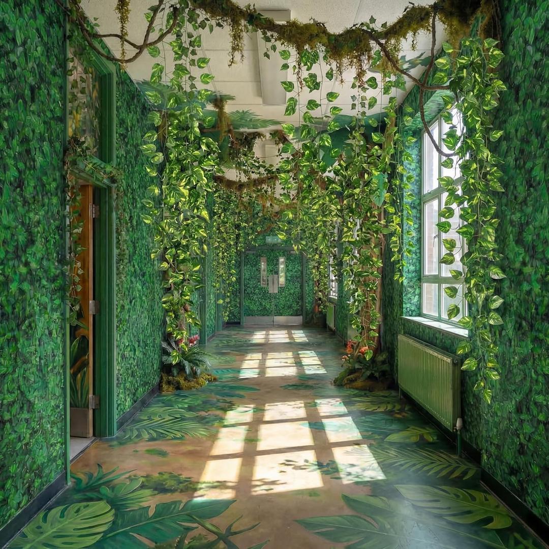 15 Pieces Jungle Theme Party Decoration Vbs 2026 Decor Rainforest 3 Pcs 9x4.5ft Safari Tropical Greenery Leaves Photography Backdrop 12 Pcs 7ft Fake Vines for Jungle Hawaiian Luau Indoor Room Decor