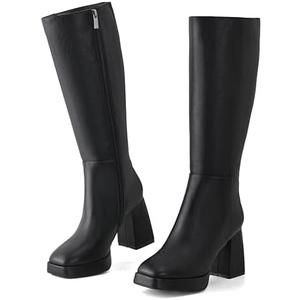 GRACESTRIDE Knee High Platform Boots for Women Square Toe Boots with Chunky Block High Heel Shiny Patent-Look Tall Boots Side Zipper, Size 39.5