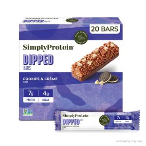 Simply Protein - Cookies and Crme Dipped Bars, 20 Count - Plant Based Protein Snack Bars - Snacks for Kids - 6g Protein, 3g Sugar, 100 Calories - Vegan, Gluten Free, Non GMO, Kosher - 4 Boxes (EXP 12/02/26)