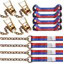 8 Point Roll Back Vehicle Tie Down Kit,with 2" x 16' Chain Extension on Both Ends,2" x 16', Heavy Duty Wheel Bonnet Tie Downs for Towing, Flatbeds, and Vehicle Hauling