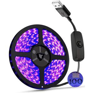 UV Light Strip USB UV Black Light Strip DC5V 390nm-400nm 6.56FT/2M SMD 3528 120LEDs IP65 Waterproof Super Bright LED Strip Lights, for Fluorescent Dance Party Body Paint Stage Lighting (USB+Switch)