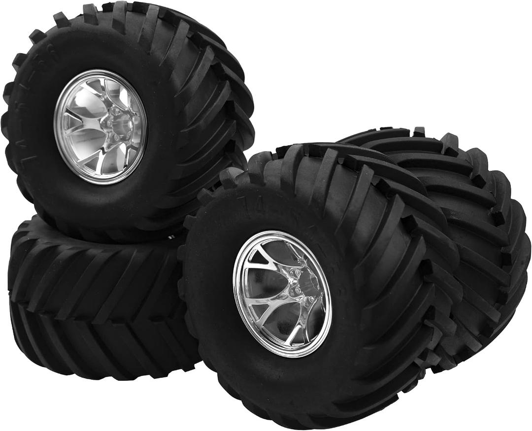5.31''OD Rubber Tires & Wheel Rim 12mm Hex Hub Compatible with Traxxas Rustler HPI HSP Volcano Tamiya Exceed Himoto 1/10 Off-Road Monster Truck,135mmx73mm (Silver), 135 millimeters