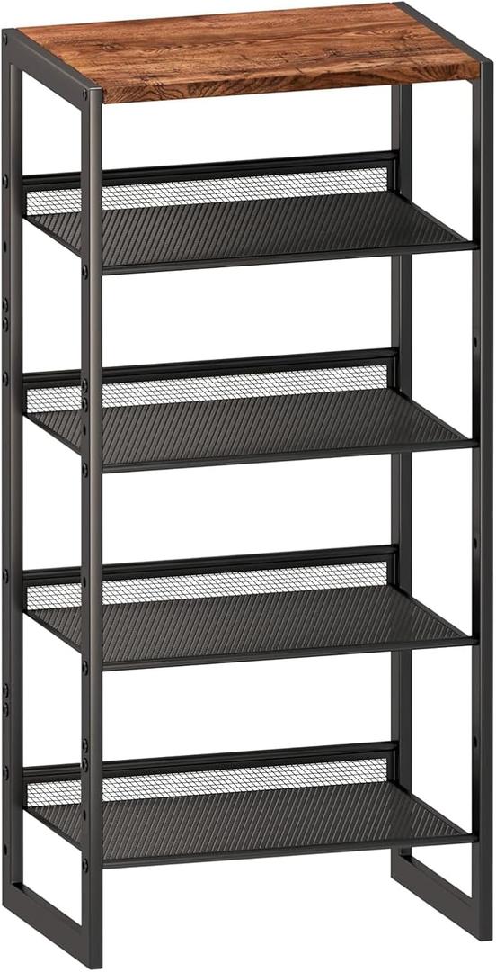 5 Tier Metal Shoe Rack, Sturdy Steel Frame with Rust-Proof Coating, MDF Top, Adjustable Flat Inclined Mesh Shelves, Anti-Tip Scratch-Resistant Feet, Sleek Show Rack for Entryway, Hallway, Garage