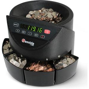 Cassida C100 Electronic Coin Sorter/Counter, Countable coins 1¢, 5¢, 10¢, 25¢, 250 coins/min, 110 VAC