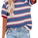 Dokotoo Womens Summer Tops 2026 Striped Color Block Short Sleeve Fashion T-Shirts Crewneck Casual Loose Basic Tee Blouses (Blue, L)