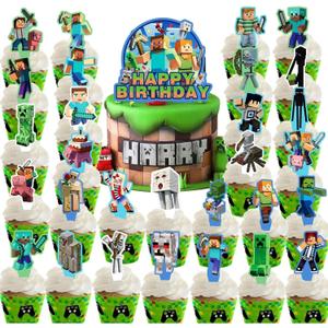 30 Pcs Pixel Styled Gamer Cake Decorations, Happy Birthday Cake Topper, Party Supplies for Boys & Girls