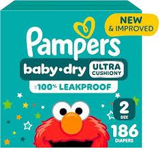 Pampers Baby Dry Diapers, Size 2 (10-22 lbs), 186 Count, Up to 100% Leakproof Disposable Diaper