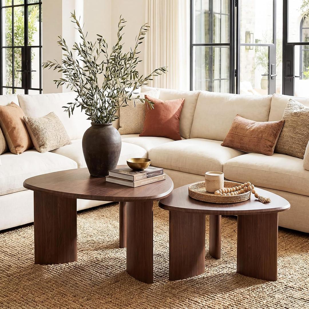 Honyee Nesting Coffee Table Set of 2, Modern Walnut Wood Veneer Coffee Table and Side Table Set for Living Room, Small End Table Set with Flexible Use and Space-Saving Design