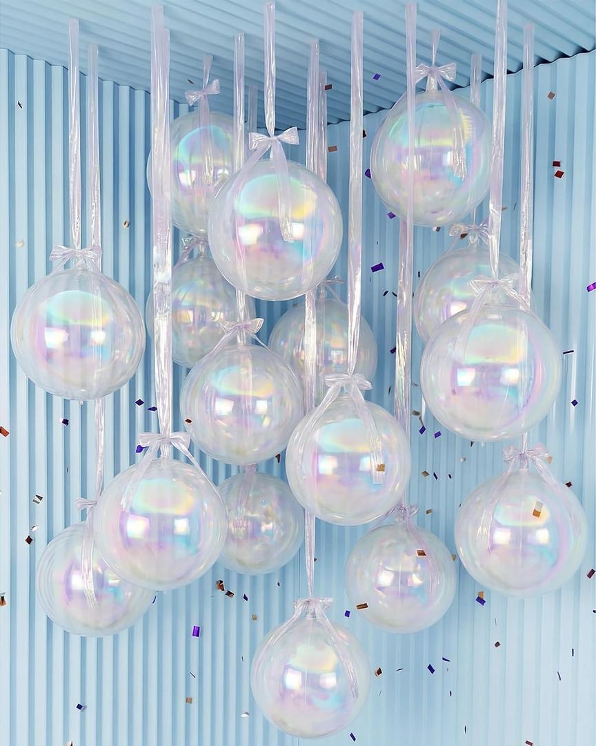Jenaai 30 Set Round Foil Balloons Bulk 22 Inch 4d Metallic Giant Balloons Set with Satin Bows Ribbon for Ceiling Holiday Ornaments New Year Birthday Wedding Party Decoration(Iridescent)