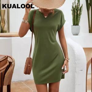 PLOKNRD Beach Dress Women Summer Tshirt Short Sleeve Party Flowy Coverup, Army Green-L