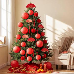 Baquler 35 Pcs Chinese New Year Decorations 2026 Hanging Ornaments Year of The Horse Chinese Red Paper Lanterns Paper Fans Lucky Charm Tree Decor for Spring Festival Party Lunar New Years Decoration