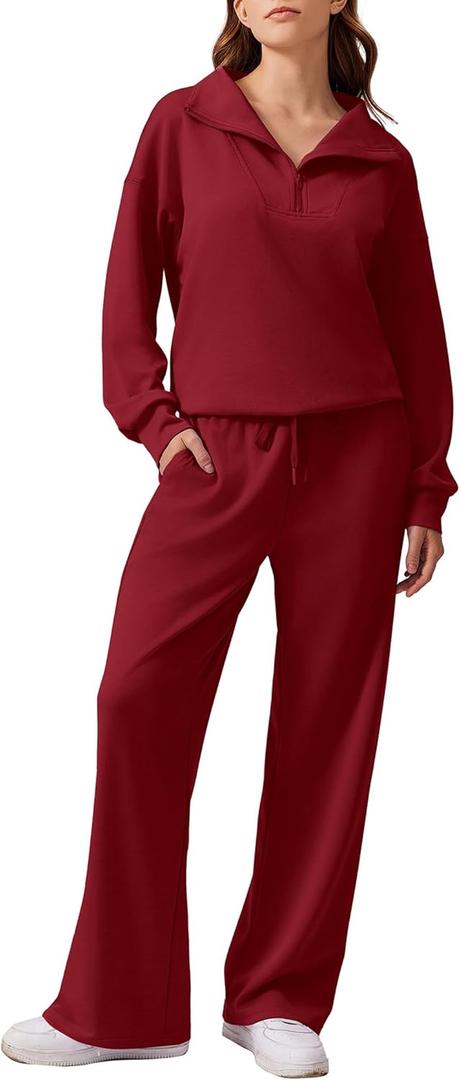PINSPARK 2 Piece Sets for Women 2025 Fall Outfits Sweatsuit Loose Fit Sweatshirt Wide Leg Sweatpants Matching Set Tracksuit (Small Petite, Wine Red)