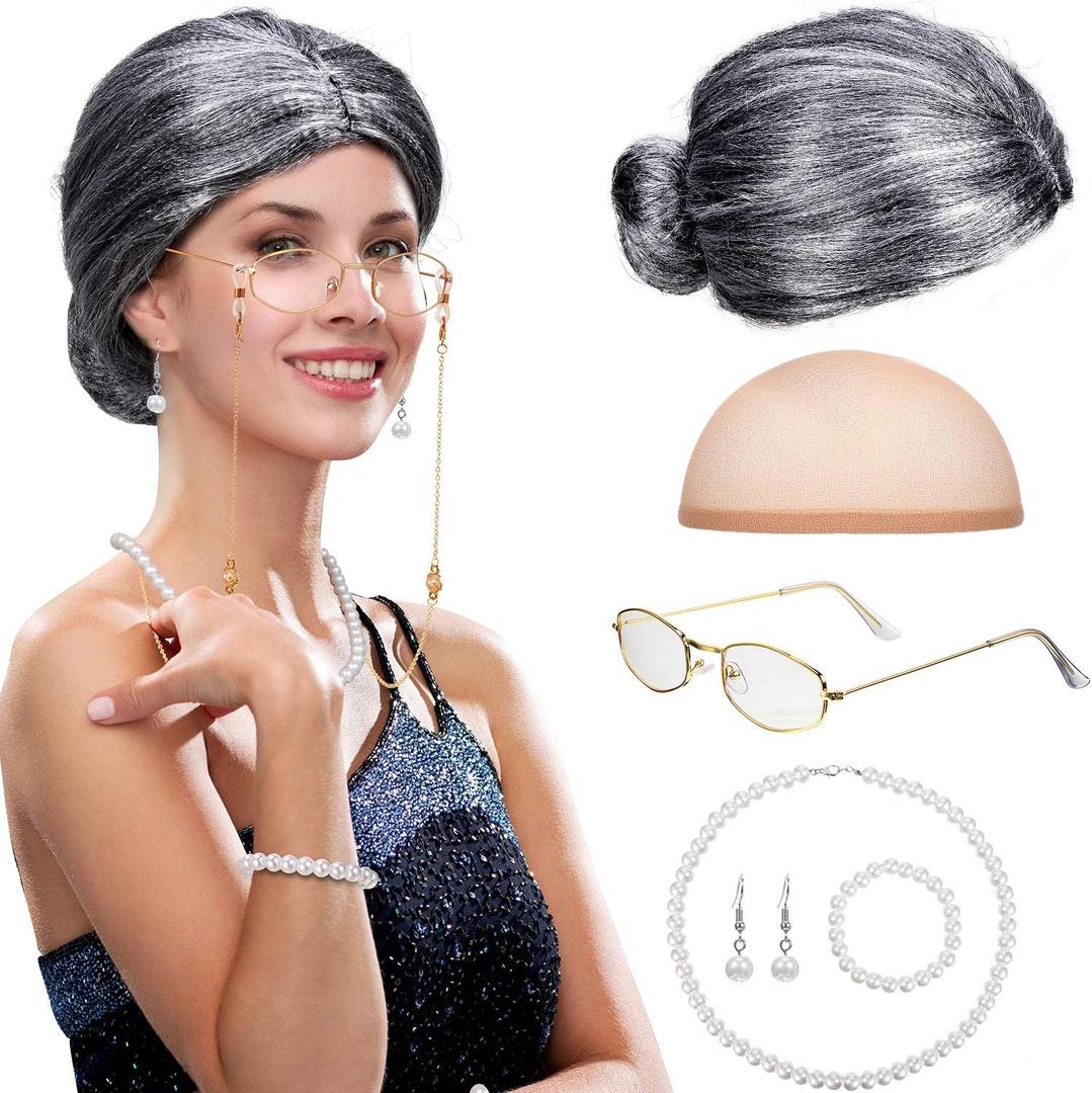 Gejoy 7 Pcs Old Lady Wig Costume Set Grandma Hair Cap Glasses Chain Pearl Necklace for Props Cosplay