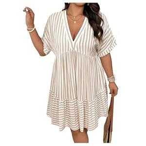 WDIRARA Women's Plus Size Striped V Neck Tshirts Dress Summer Ruffle Hem Flowy A Line Short Dresses Apricot X-Large Plus