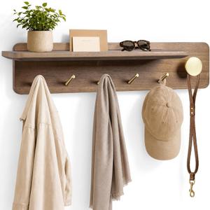 Coat Rack Wall Mount with Shelf, Solid Wood, 5 Brass Hooks, Brown