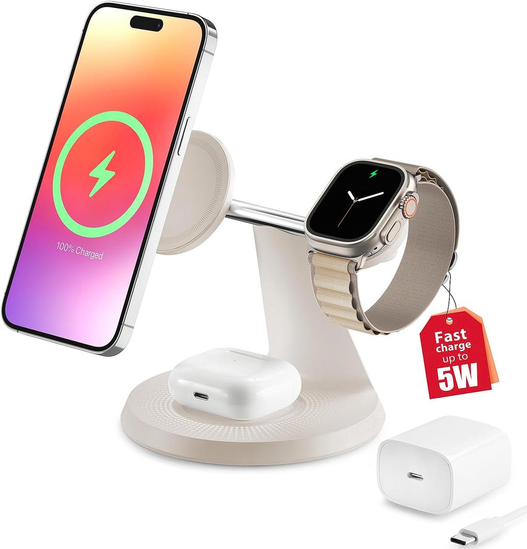 3 in 1 Wireless Charging Station for Apple Device: Fast Charging Station for iPhone and Watch with MagSafe, Stable Charger Stand for iPhone 12-16 & iWatch & AirPods (Warm Gray)