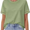 BTFBM Short Sleeve Shirts for Women 2026 Lace Summer Tops Spring Casual Loose Crew Neck T-Shirt Cute Vacation Outfits (S)